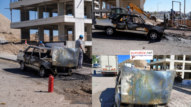 Doğalgaz patlamasında alev alan araç yandı